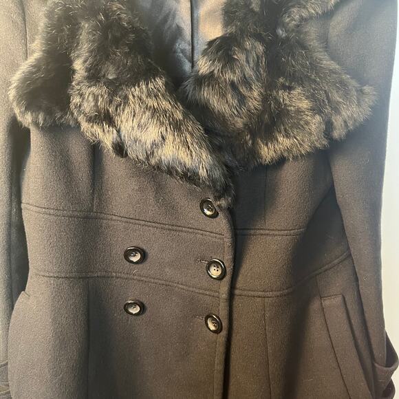 Bebe, Black Wool Jacket with Rabbit Fur Collar Size L - Picture 3 of 10